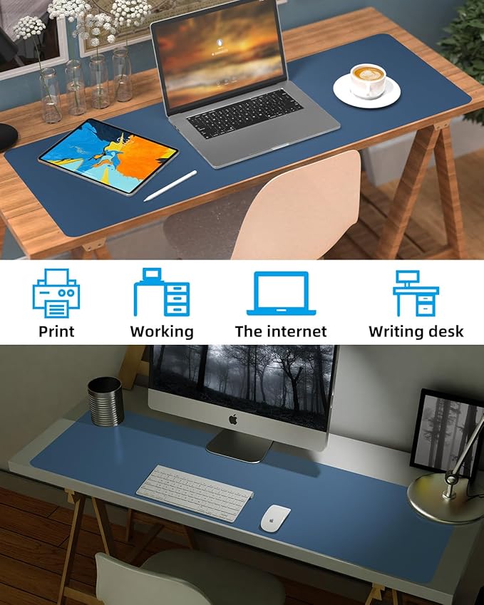 Large Desk mat, Leather Desk Pad Protector,Office Desk Mat,Mouse Pad, Non-Slip Desk Blotter, Laptop Desk Pad, Waterproof Desk Writing Pad for Office&Home (Grey Blue, 55" x 17")