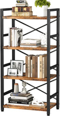 Homeiju Bookshelf, 4 Tier Small Bookcase, Organizers and Storage, Metal Small Bookcase, Rustic Book Shelf Organization and Storage for Living Room, Bedroom, and Home Office(Rustic Brown)