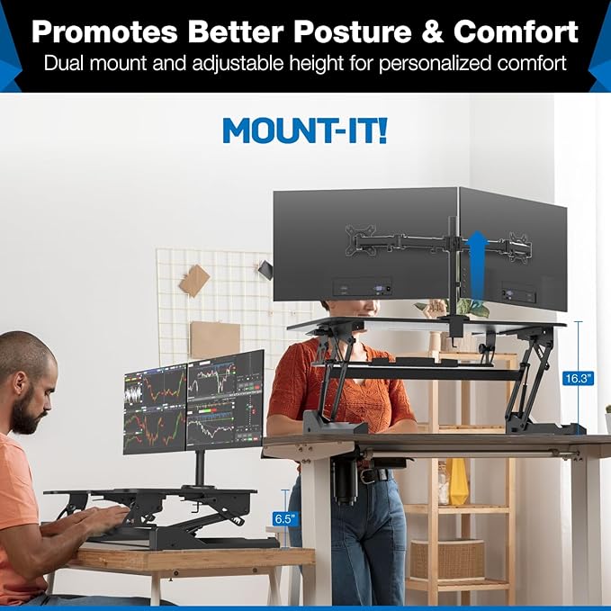 Mount-It! Standing Desk Converter Dual Monitor, 2 Screen Mounts Included, Height Adjustable Desk Riser in Black, Stand Up Desk Convertor Large 36" Wide, Sit Stand Convertor with Manual Lift Gas Spring