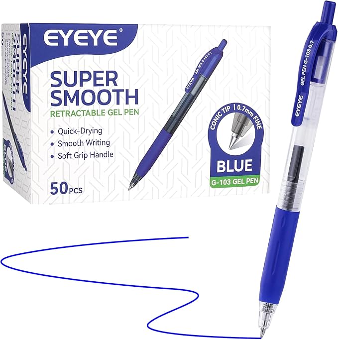 EYEYE G-103 Retractable Gel Pens 0.7mm, 50 Pack 0.7 mm Blue Ink Medium Point Ballpoint Pen Quick Drying, Pen Fine Point Smooth Writing Pens for for Office School Supplies