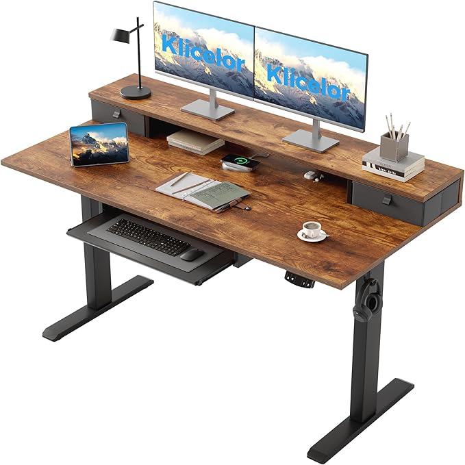 Klicelor 55 Inch Electric Standing Desk with Drawers and Keyboard Tray, Height Adjustable Desks for Home Office, Sit Stand Up Computer Workstation with Two Pieces, Rustic Brown