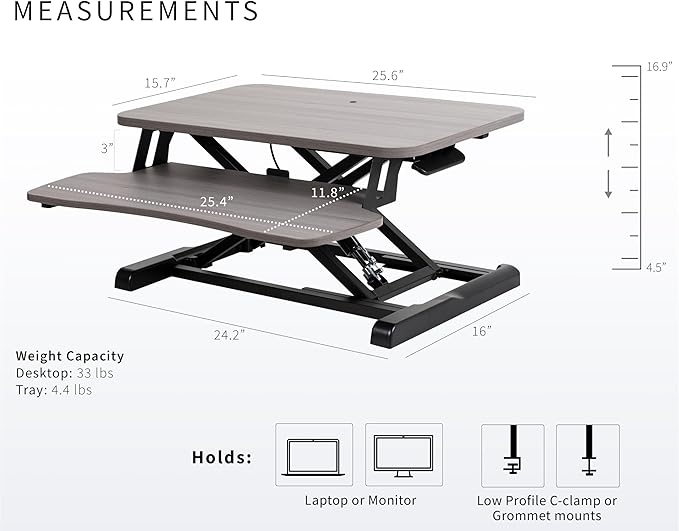 VIVO 26 inch Desk Converter, K Series, Height Adjustable Sit to Stand Riser, Dual Monitor and Laptop Workstation with Keyboard Tray, Gray Top, Black Frame, DESK-V026KG