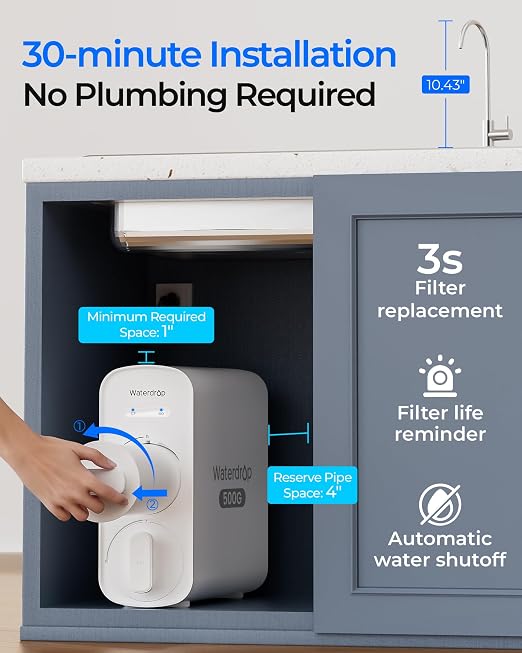 Waterdrop G5P500A Reverse Osmosis System, 8-Stage RO Filtration, Alkaline | NSF/ANSI 58 & 372 Certified, Alkaline Mineral pH+, Tankless RO Water Filter, 500 GPD, 2:1 Pure to Drain, Reduce TDS