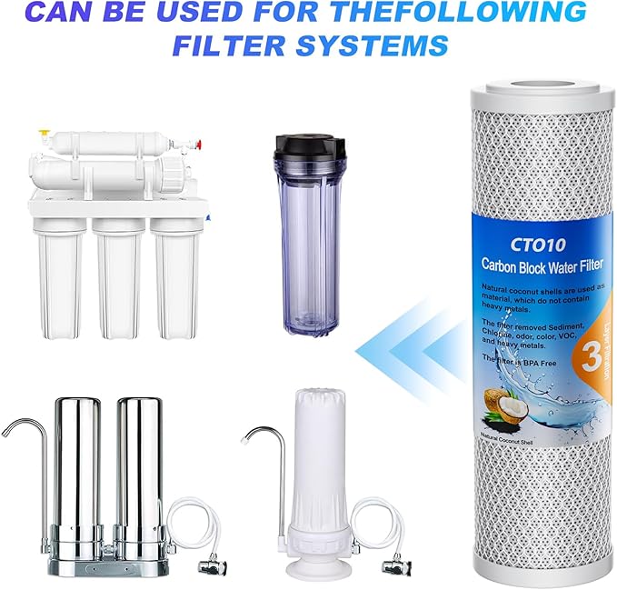 1 Micron 2.5" x 10" Whole House CTO Carbon Sediment Water Filter Cartridge Compatible with DuPont WFPFC8002, WFPFC9001, SCWH-5, WHCF-WHWC, FXWTC, CBC-10, RO Unit, Pack of 4