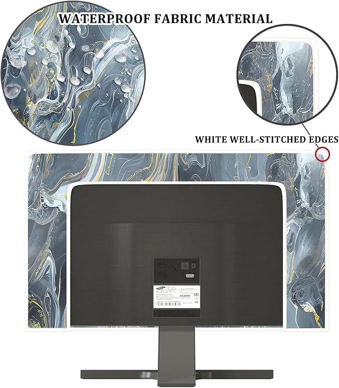 Baocicco Gray Gold Marble Waterproof 26, 27, 28 Inch Anti-Static Dustproof LCD/LED/HD Aesthetic Texture Computer Screen Cover Decor Full Body Cover for Computer Screen Desktop PC Tower Protector