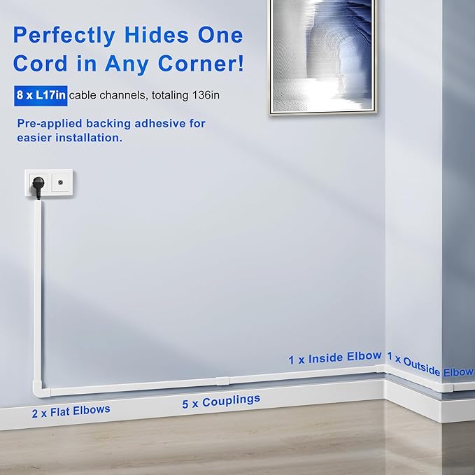 Cord Hider Wall for One Cord, 136in Cord Covers for Wires on Wall, Easy Install Cable Cover Wall, Cable Raceway White Hide Cords, Cable Hider Cord Management Wall, 8X L17in W0.6in H0.4in