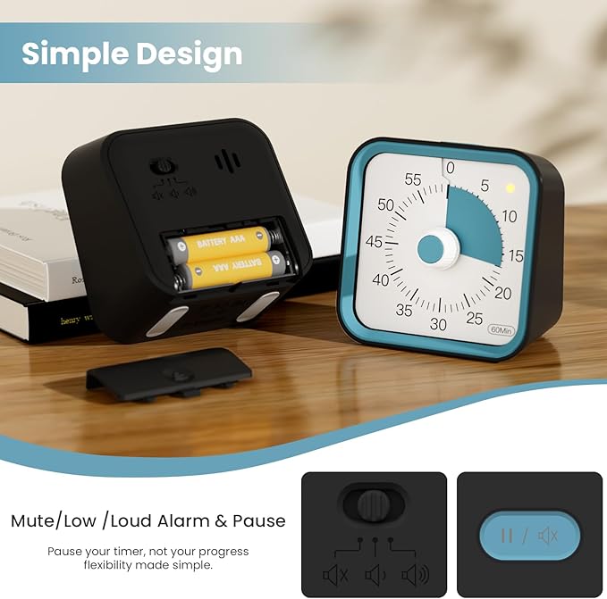 Visual Timer for Kids with Pause Function, 60 Minute Countdown Timer for Kids Desk Study, Teaching, Kitchen Cooking, Office Meetings, Time Management for ADHD (Black)