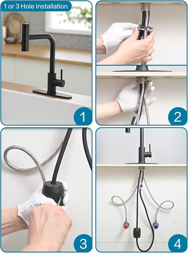 Black Kitchen Faucets with Pull Down Sprayer,Waterfall Kitchen Sink Faucet,Commercial Utility Stainless Steel Kitchen Faucets,Single Handle Kitchen Sink Faucet with Pull Down Sprayer for 3 Function