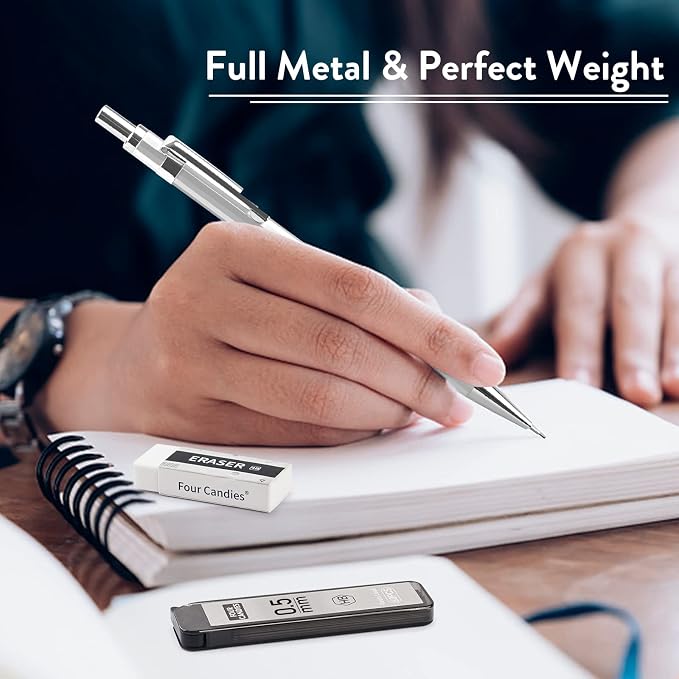 4PCS Metal Mechanical Pencil Set, 0.5mm Fine Point, Pack with Storage Case | 480 Leads, 3 Erasers+9 Refills, For School Writing, Sketching, Art Drawing & Professional Drafting