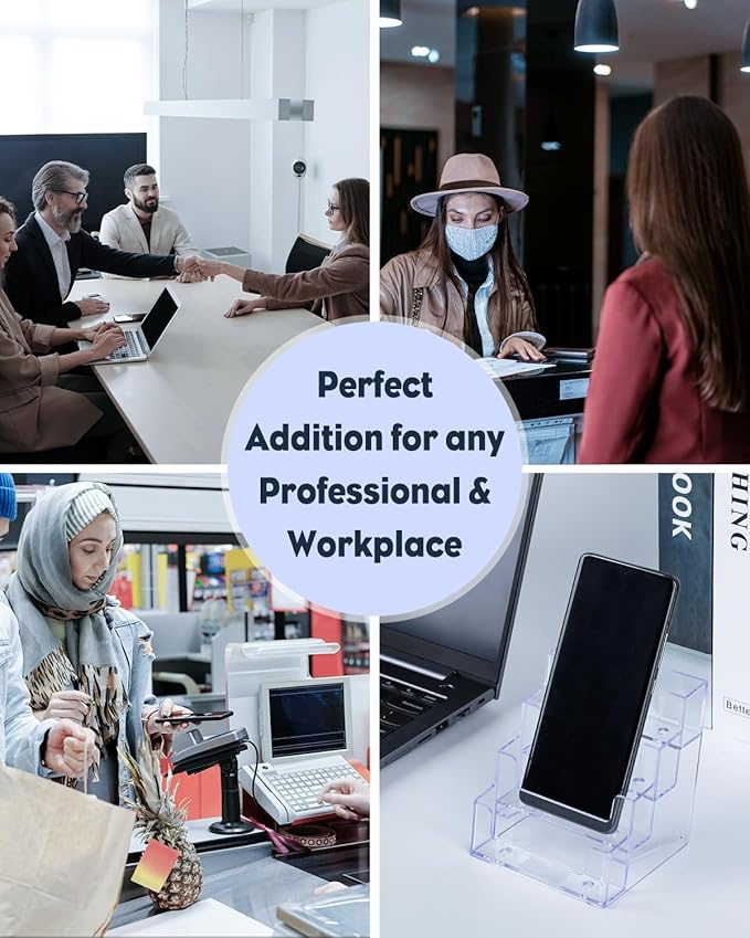 Uniclife 4 Pack Acrylic Business Card Holder for Desk 4 Slots Clear Business Card Display Stand for Men & Women Desktop Business Card Organizer Card Stand for Office Home Exhibition, 240 Card Capacity