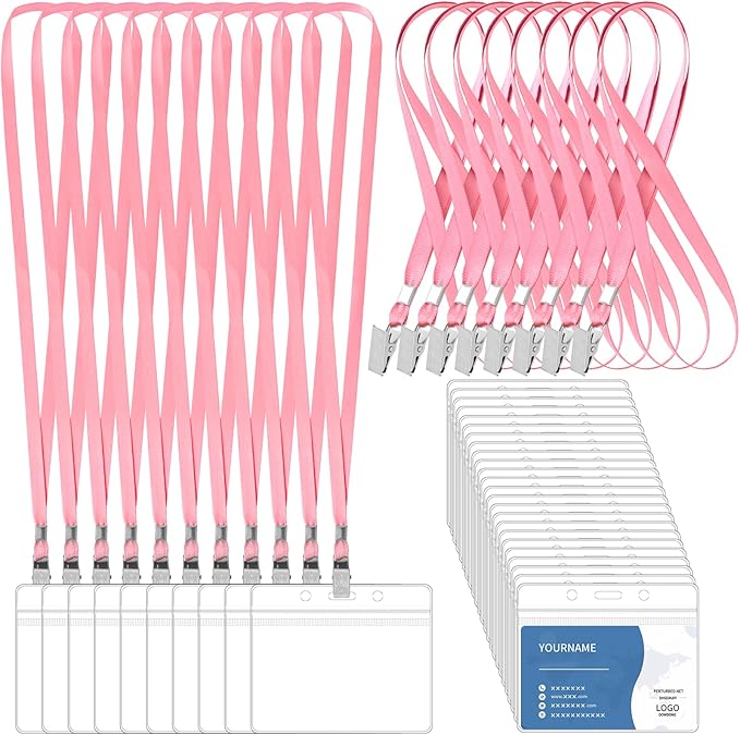 100 Pcs Lanyards for ID Badges and 100 Pcs Clear Name Tag Holders Reusable Lanyard with Clip Plastic ID Card Badge Holder Name Badges for Adults Kids Business School Office Supplies (Pink)