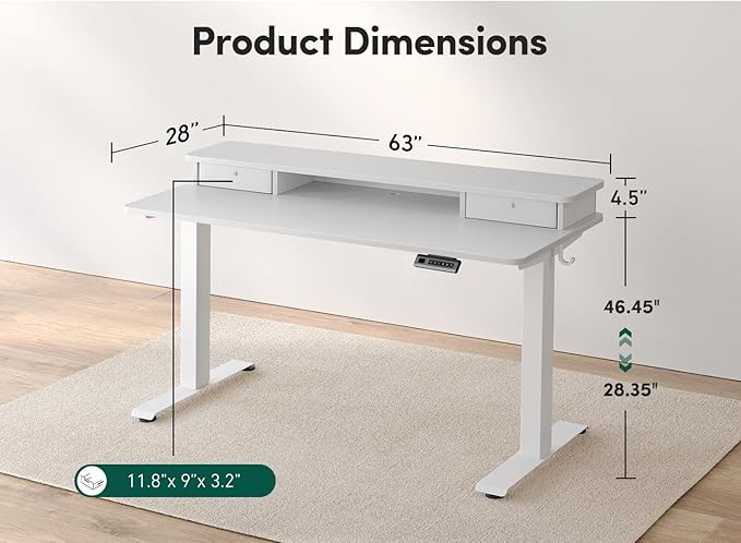 FEZIBO 63 x 28 Inch Deeper Height Adjustable Electric Standing Desk with Double Drawers, Sit Stand Up, Home Office Computer Desk with 4 Height-Adjustable Feets & 2 Hooks, White Frame/White Top