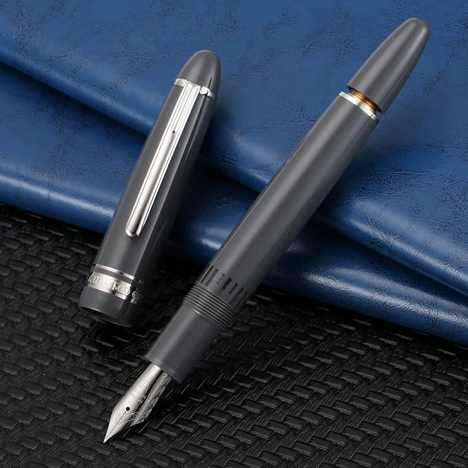 erofa Majohn P136 Piston Fountain Pen 1.1mm Stub Nib with Box, Gray Resin Writing Pen Set