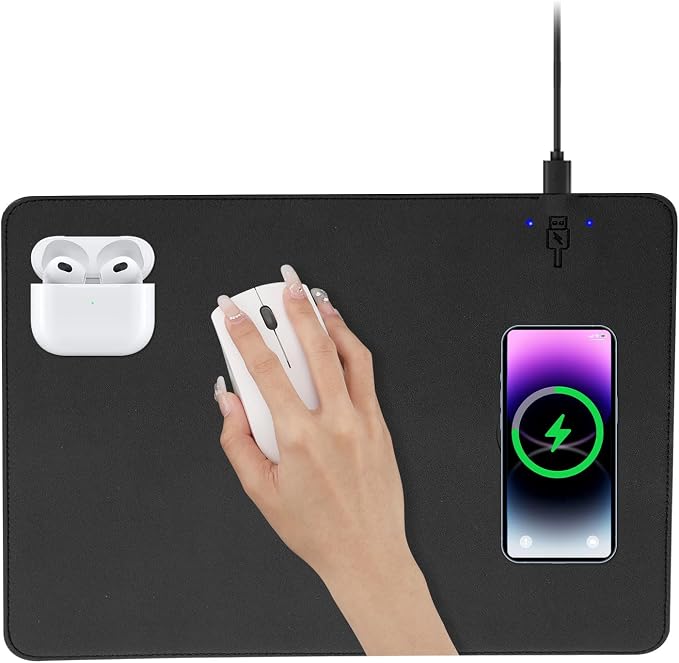Wireless Charging Mouse Pad Firelison 2 in 1 Leather Multifunctional Office Desk Pad with Non-Slip Rubber Base, Waterproof Desk pad for Computers/Office/Work/Home/Decor（ 12" x 10"Black - R）