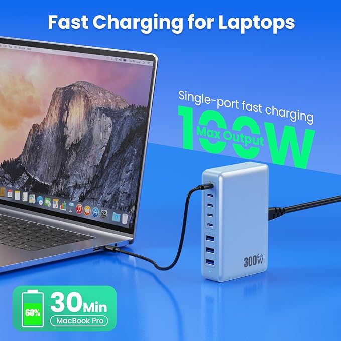 USB C Charger 300W USB C Charger Block 8-Ports GaN IV Fast Charging Station,PD 100W Laptop Charging Hub Wall Adapter Compatible with MacBook/Air,DELL,Steam Desk,iPhone 16/15/14,Galaxy S24 etc