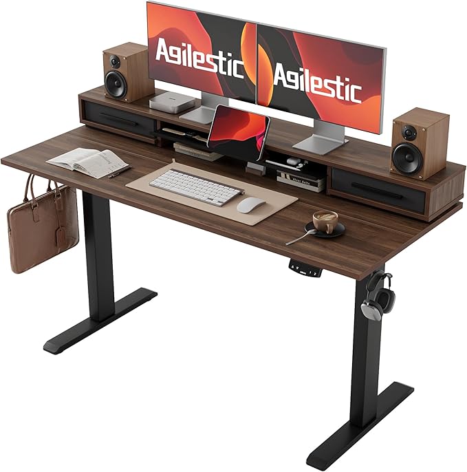 Agilestic 55 Inch Electric Standing Desk with Drawers, Adjustable Desk with Storage Shelf, Stand Up Home Office Computer Table, Splice Board, Dark Walnut