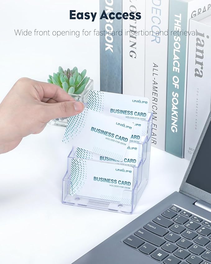 Uniclife 2 Pack Acrylic Business Card Holder for Desk 4 Slots Clear Business Card Display Stand for Men & Women Desktop Business Card Organizer Card Stand for Office Home Exhibition, 240 Card Capacity