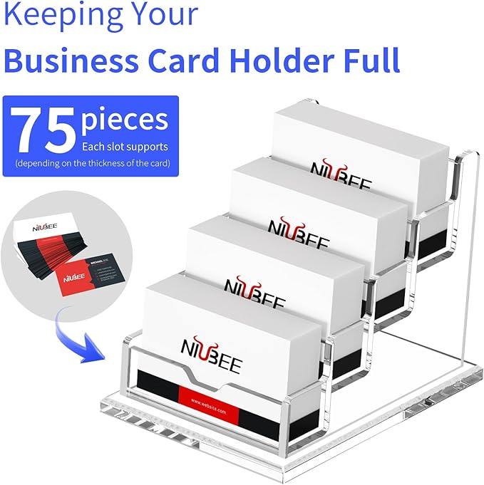 NIUBEE Clear Business Cards Holders 4 Tier Acrylic Card Holder for Business Cards, 4 Slots Business Card Display for Desk Counter, 300 Card Capacity, 1 Pack