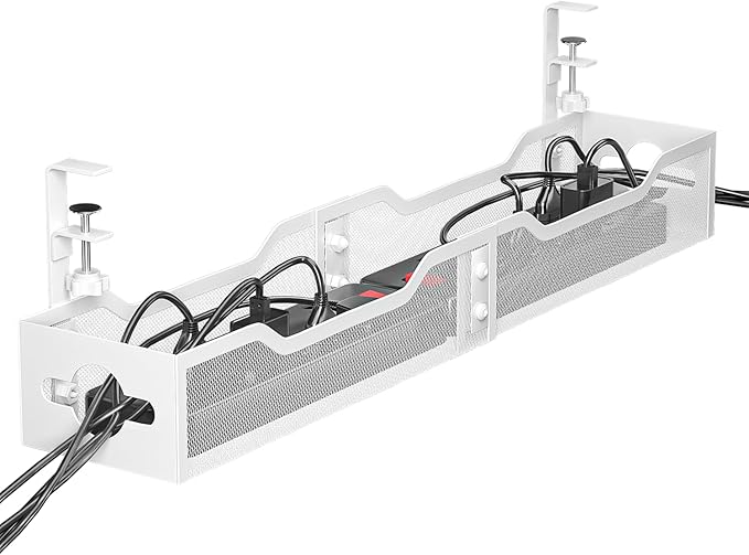 Under Desk Cable Management Tray White, Litwaro Cable Management Under Desk No Drill, 25'' Cable Tray with Clamp for Wire Management, Cord Organizer for Office, Home - No Damage to Table