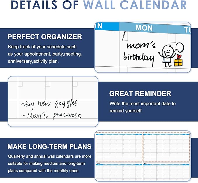 MAKELLO Large Magnetic Dry Erase Calendar Whiteboard Quarterly 36" x 24" for Home, Bedroom, Office, Classroom, 4 Months