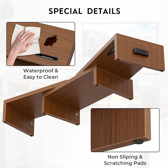 BONTEC Dual Monitor Stand Riser with Smartphone Holder, Adjustable Length & Swivel Angle, Ergonomic Wooden Desktop Organizer for PC Monitor, Laptop, Printer, Large Storage, Walnut