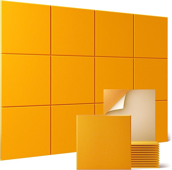 Sonicism 12 Pack Acoustic Wall Panels with Self-Adhesive, 12" X 12" X 0.4" Sound Proof Foam Panels, Decorative Soundproof Wall Panels, Sound Proof Absorbing Tiles for Home & Offices, Orange Yellow