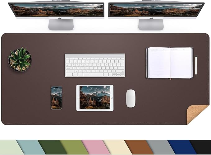 AFIING Leather Desk pad Protector, Large Non-Slip Office Desk Mat with Natural Cork & PU Leather, Waterproof Writing Mouse Pad for Office and Home (55in*17in,Coffee)