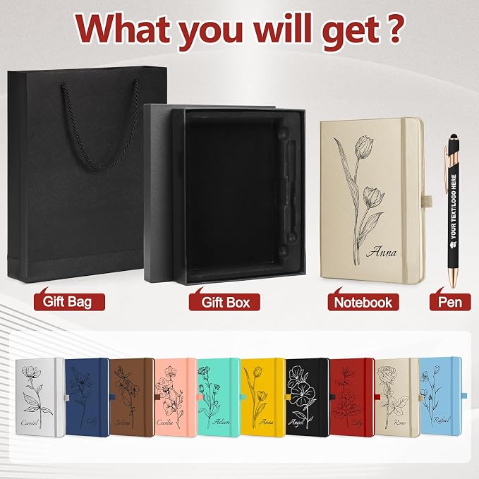 ENOMY Personalized A5 Notebook Gift Set with Custom Pen PU Leather Journal Box, Pink