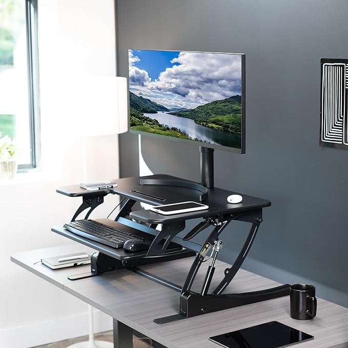 VIVO 32 inch Height Adjustable Stand Up Desk Converter, V Series, Quick Sit to Stand Tabletop Dual Monitor Riser Workstation, Black, DESK-V000VS