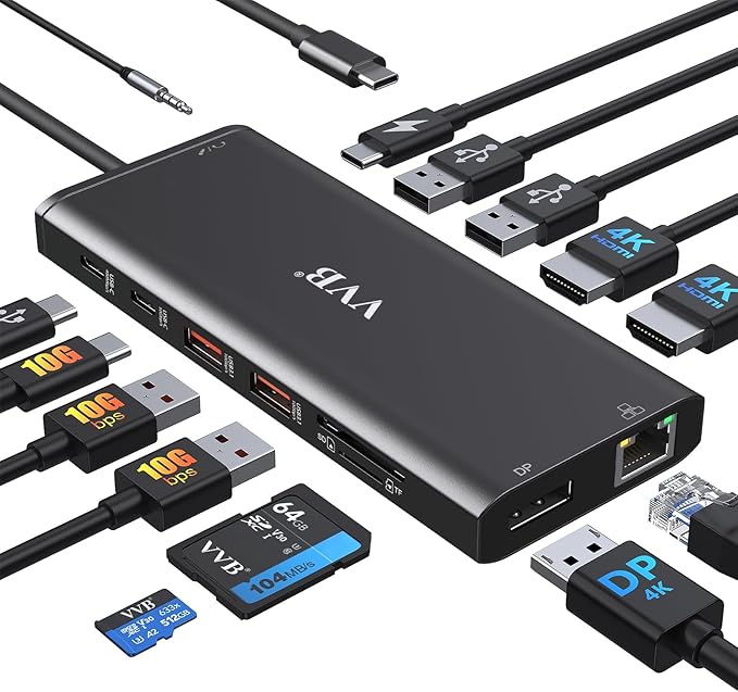 USB C Docking Station Dual Monitor for Dell/Lenovo/HP Laptop Docking Station HDMI USB C Hub Multiport Adapter Dongle Dock USB C to 2 HDMI +DisplayPort+Ethernet+4USB+2USB C+100W PD Charger+SD/TF+Audio