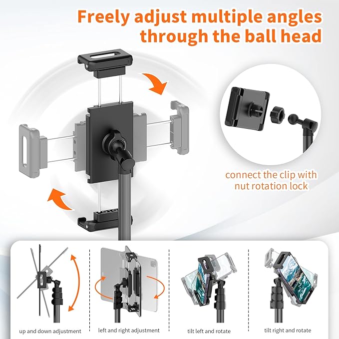 XXZU 72in Tablet Floor Stand Tripod,Tablet Stand Floor with 360° Ball Head,Height Adjustable Floor Stand Holder with Case,Tall Tripod for Phone/Music/Stream/Recording and All 4.7-13” Devices