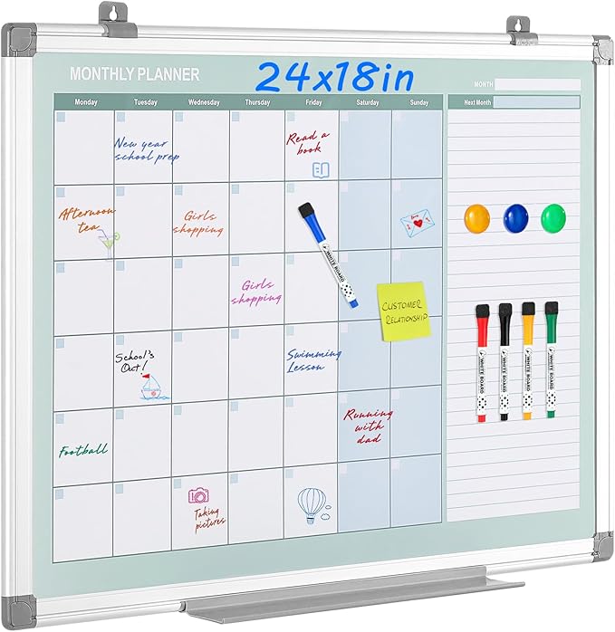 MAKELLO Dry Erase Calendar for Wall 24" x 18", White Board Calendar with Next Month for Office, Family, Kitchen and Bedroom