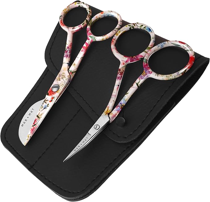 Small Embroidery 4.5 Inch Scissors Set of 2 Kit - Mini Double Bend Offset Duckbill and Double Bend Long Applique Needlepoint Blade with Pouch Sleeve (Floral)