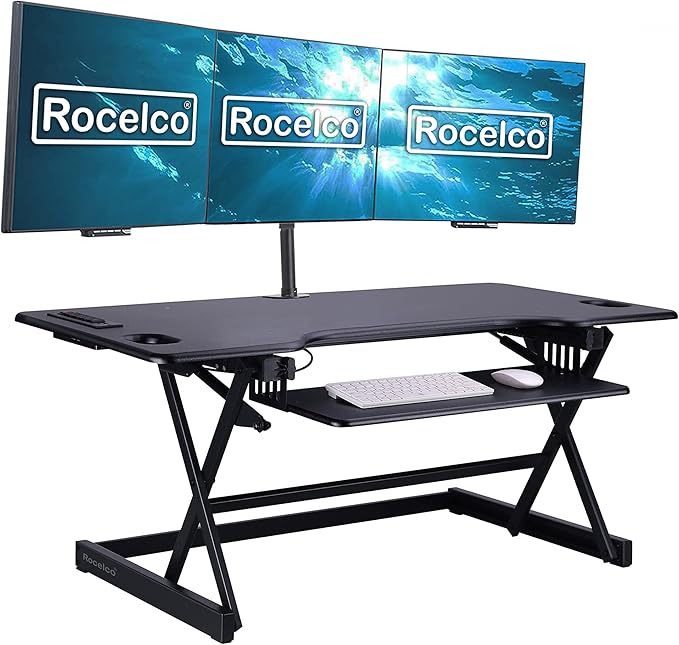 Rocelco 46" Standing Desk Converter with AC USB Charger and Triple Monitor Mount Arm - Height Adjustable Sit Stand Up Three Screen Riser Workstation - Keyboard Tray - Black (R DADRB-46-ACUSB-DM3)