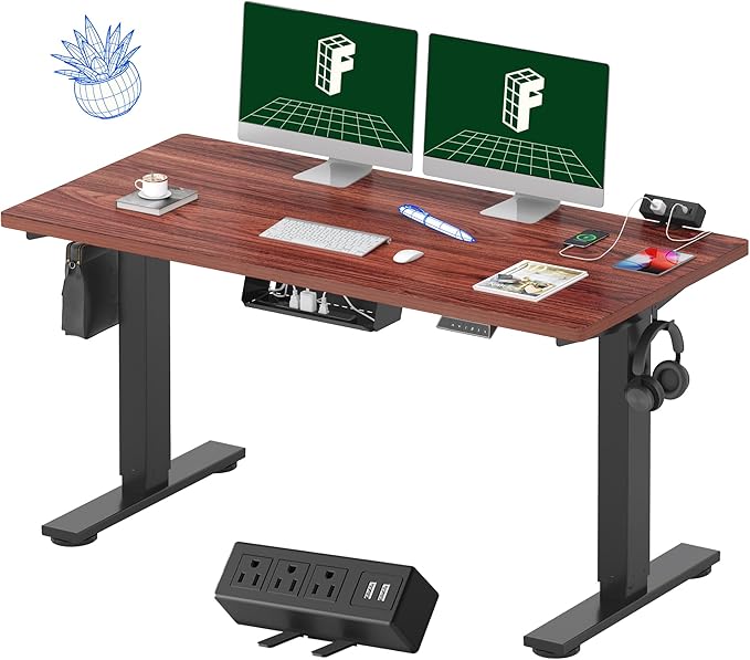FLEXISPOT EN2 Whole-Piece Standing Desk with Clamp Power Strip, 55 x 28 Electric Stand Up Height Adjustable Desk with Cable Management (Black Frame + 55" Mahogany Top, 2 Packages)