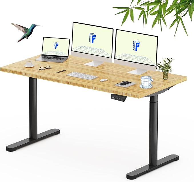 FLEXISPOT Bamboo Electric Standing Desk with Elegant Oval Legs, 60"x30" Height Adjustable Desk for Home Office & Living Spaces, Black Frame