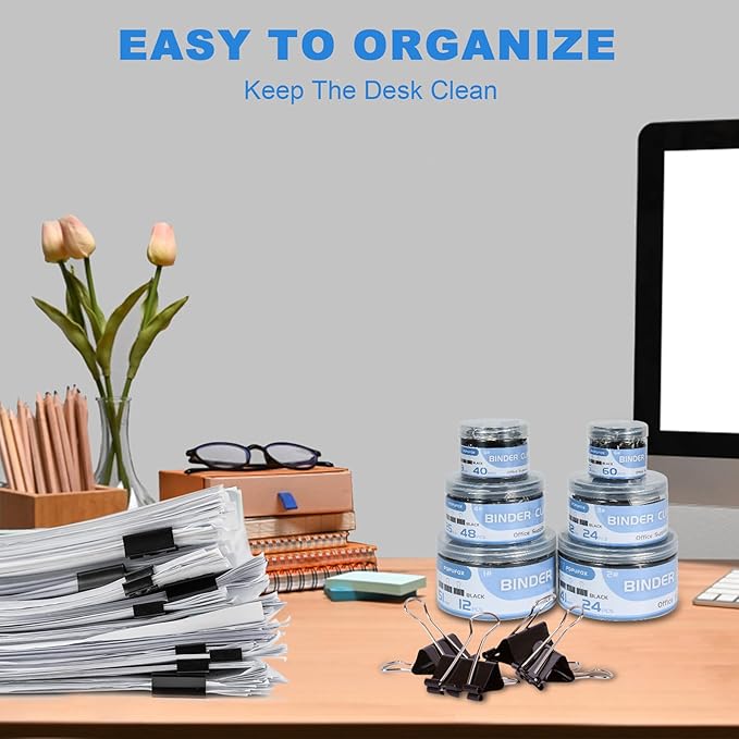 Binder Clips Assorted Sizes Including Extra Large Medium Small Mini and Micro, Office Supplies File Clamps Paper Clips, 6 Sizes in 6 Boxes, 208 PCS Metal Black Clamps for School