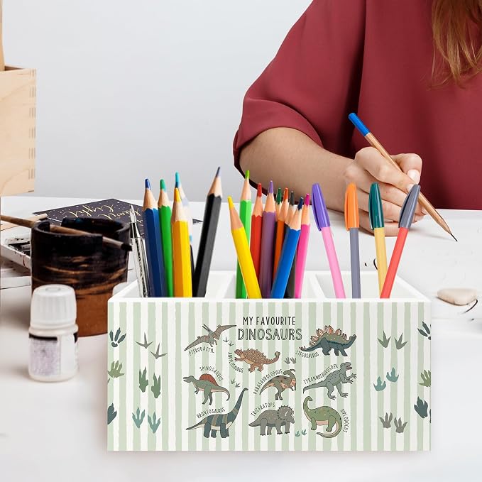 Dinosaur Pen Pencil Holder Organizer for Desk, Dino Type Educational Neutral Striped Wooden Box Signs Decorations for Kids Boy Nursery Room Classroom Desk Tabletop, Dinosaur Gifts for Kids