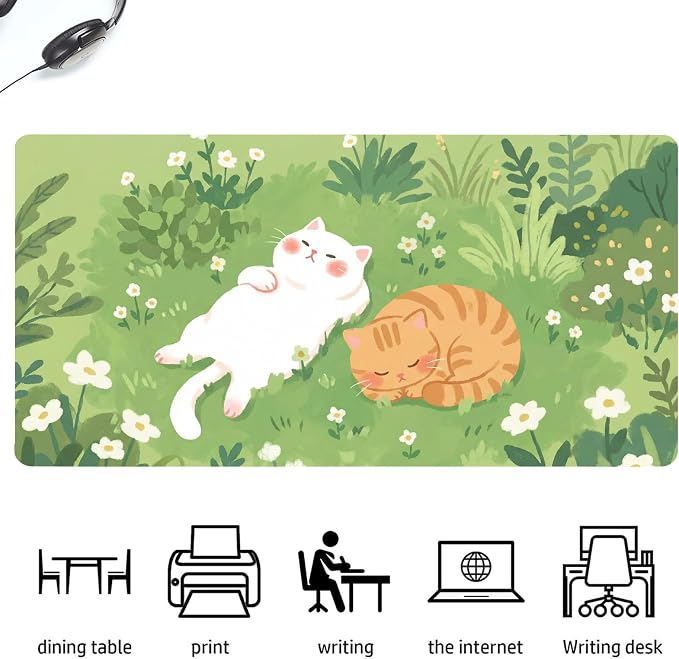 Cat Kitten Grassland Leather Desk Mat Extended Gaming Mouse Pad | Non-slip Large Writing Pad Laptop Blotter Computer Keyboard Mat | Cute Kawaii Desk Protector for Home Office 27.6" x 13.8"