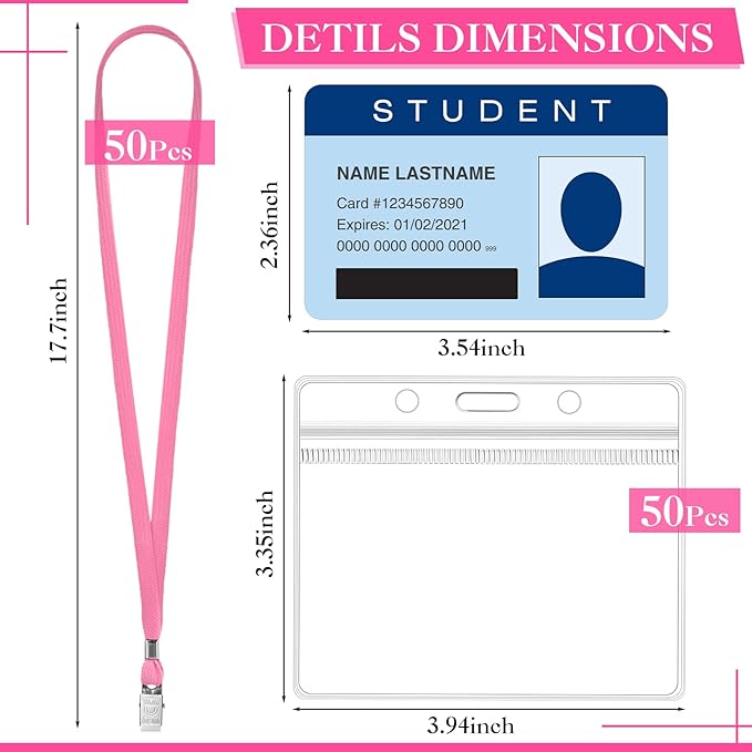 Marspark 50 Sets Clear Name Tags with Lanyard, Lanyards for ID Badges Reusable Strap with ID Holder Plastic Name Badges for Adults Business School Church Conference (Pink)