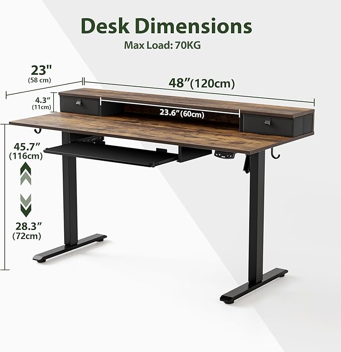 Agilestic Electric Standing Desk with 2 Drawers and Keyboard Tray, 48 x 23 Inches Ergonomic Adjustable Height Desk with Storage, Sit Stand Computer Workstation, Rustic Brown
