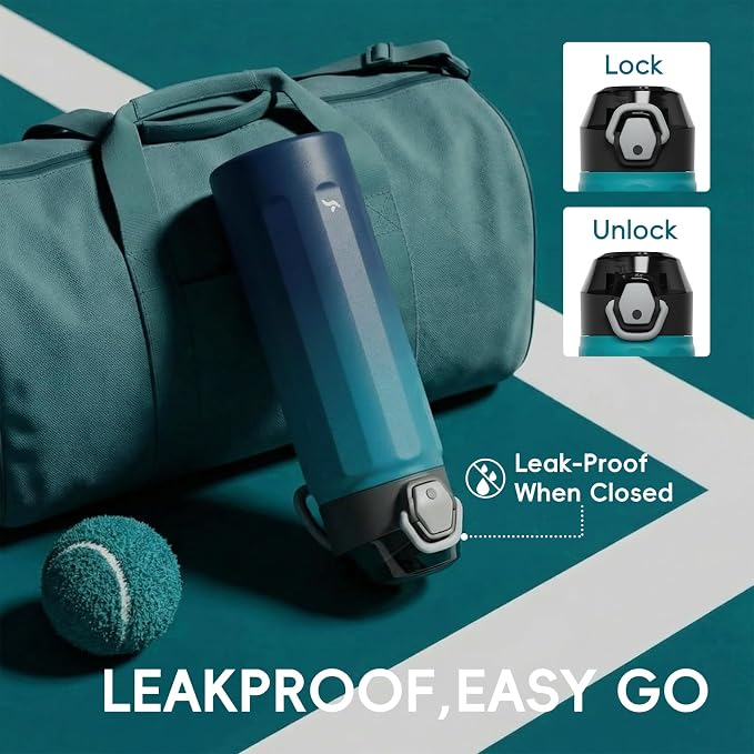 Konokyo FLOWPLAY 22oz Locking Push-Button Water Bottle with Silicone Spout,Leak-Proof,18/8 Stainless Steel Double-Wall Vacuum Insulated for Sports and Travel,BPA-Free,Sea