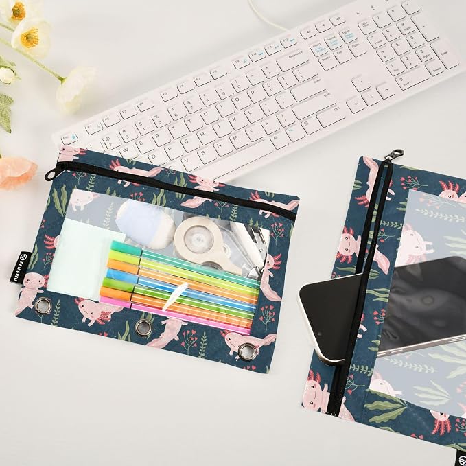 Emelivor Cute Salamander Pencil Pouch for 3 Ring Binder 2 Pack Binder Pencil Case with Clear Window Pencils Bags with Zipper for Office Daily College Home Supplies