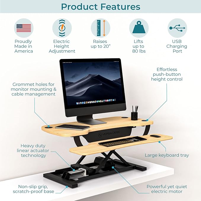 VERSADESK Electric Standing Desk Converter, 36 Inch PowerPro™ Height Adjustable Sit Stand Desktop Riser with Keyboard Tray, Built-in USB Charging Port, Holds 80 lbs, Push-Button Switch, Maple