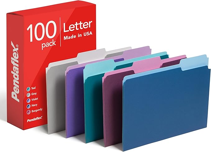 Pendaflex Two Tone Color File Folders, Letter Size, Assorted Colors (Teal, Violet, Gray, Navy and Burgundy), 1/3-Cut Tabs, 5 Color, 100/Box, (02315)
