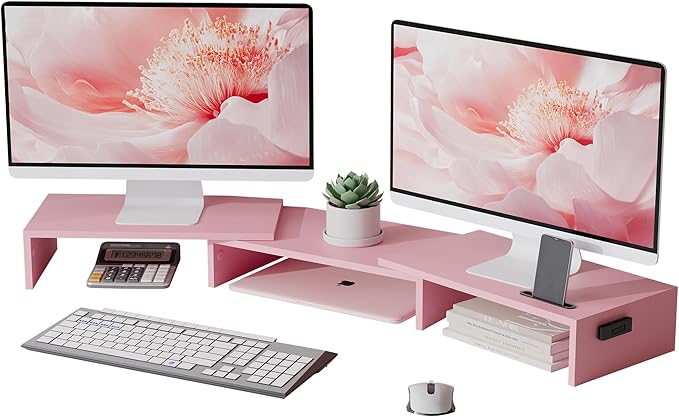 BONTEC Dual Monitor Stand Riser with Smartphone Holder, Adjustable Length & Swivel Angle, Ergonomic Wooden Desktop Organizer for PC Monitor, Laptop, Printer, Large Storage, Pink