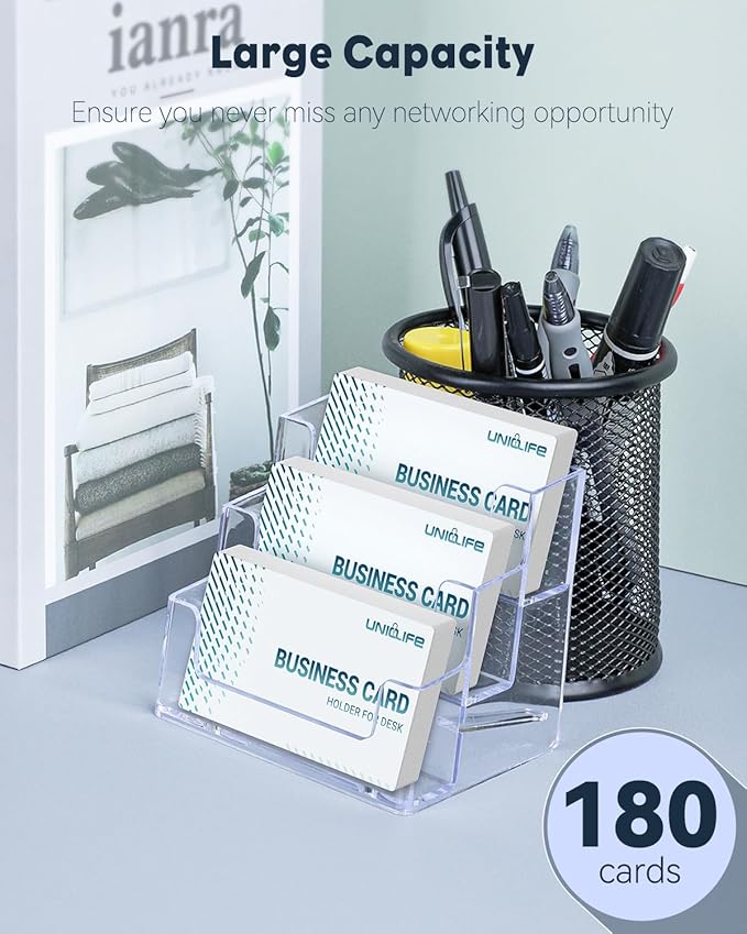 Uniclife Acrylic Business Card Holder for Desk 3 Slots Clear Business Card Display Stand for Men & Women Desktop Business Card Organizer Card Stand for Office Home Exhibition, 180 Card Capacity