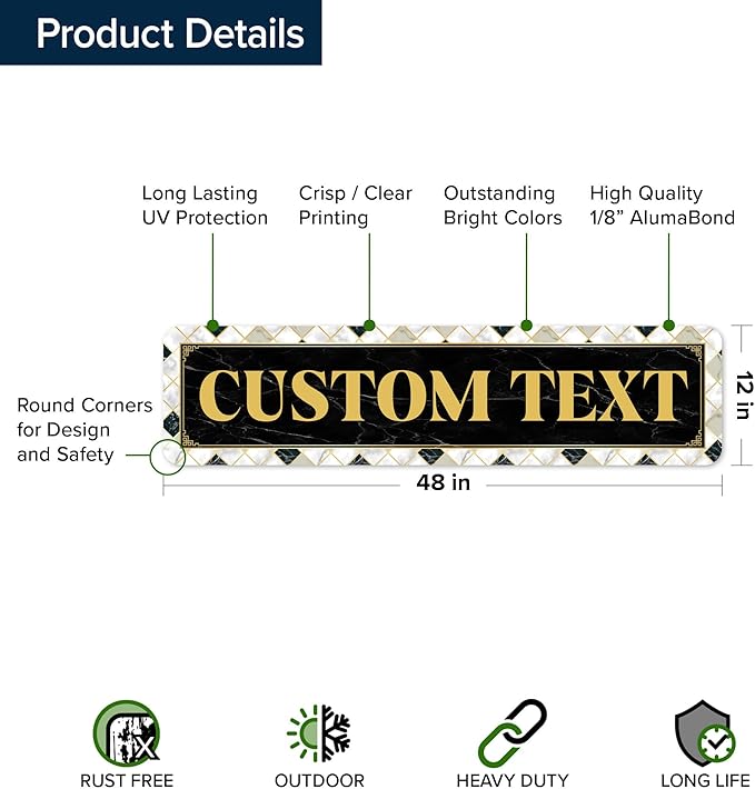 Custom Sign, Custom Street Sign, 11 Font Colors, 13 Font Styles, 4 Hole Options, 22 Sizes, 12x48 Inches, Rust Free DiBound, Fade Resistant, Made in USA by My Sign Center (Marble Tile)