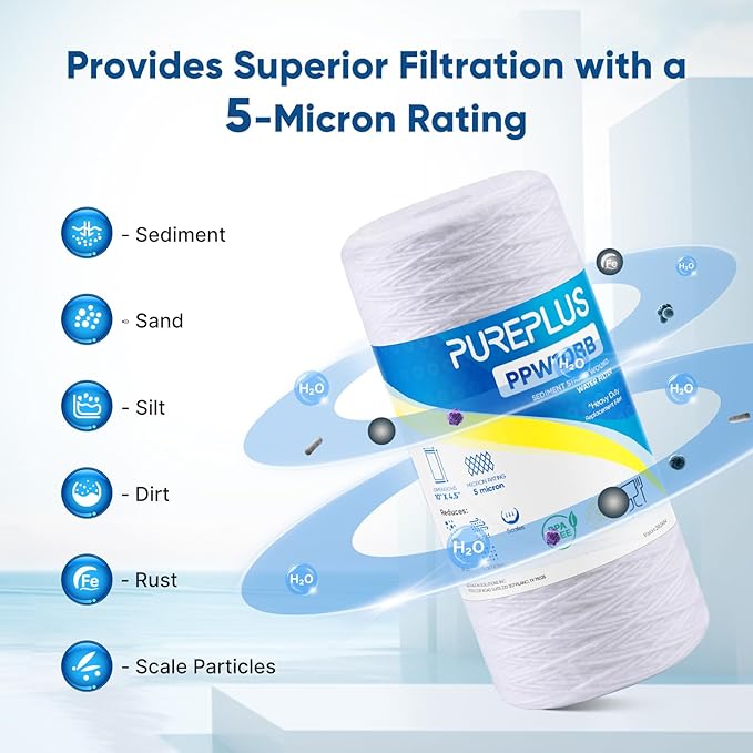 PUREPLUS 5 Micron 10 x 4.5 Whole House String Wound Sediment Filter for Well Water, Replacement Cartridge for 84637, WPX5BB97P, PC10, 355214-45, 355215-45, WP10BB97P, WP5BB97P, 2Pack
