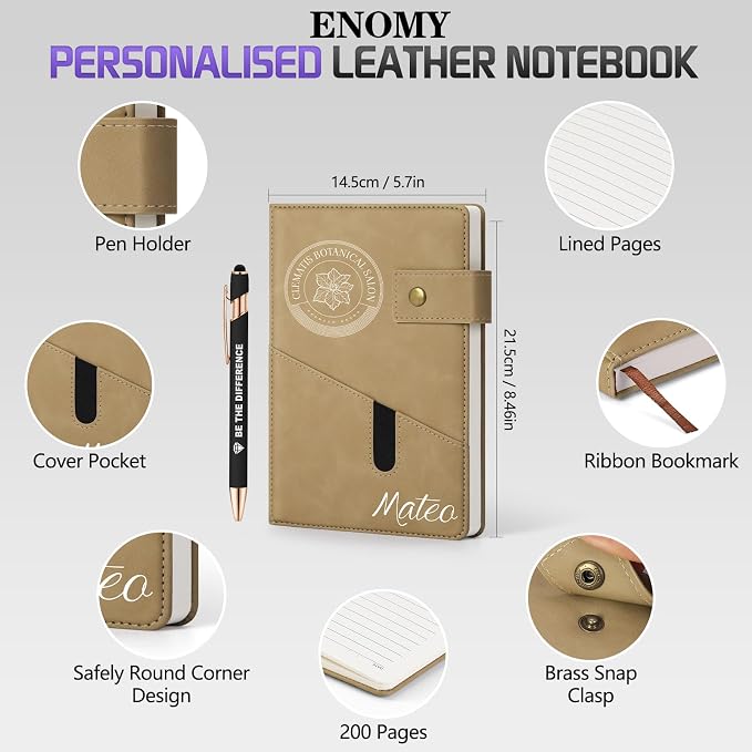 ENOMY Personalized Notebook & 10 PC Pens Set A5 Notebook with Ribbon Bookmark PU Leather Custom Notebook Cover for College Graduation Birthday Business Gifts, Khaki